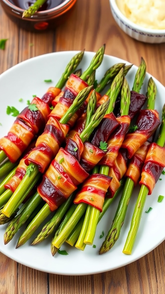 Crispy bacon-wrapped asparagus served on a plate, garnished with herbs.